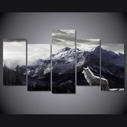 HD Prints Canvas Wall Art Living Room Home Decor Pictures 5 Pieces Snow Mountain Plateau Wolf Paintings Animal Posters Framework