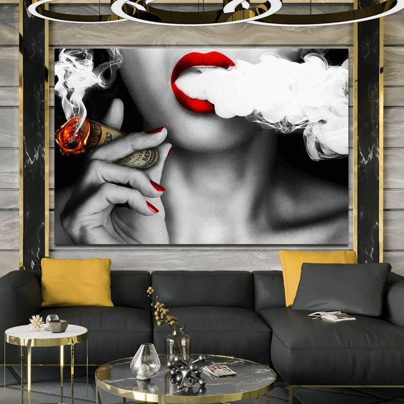 Modern Abstract Portrait Posters and Prints Wall Art Canvas Painting Women Smoke Money Oil Painting on the Wall Creative Decor