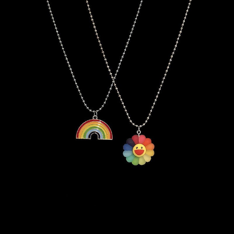 Cute Minimalist Hip Hop Sun Flower Sunflower Colorful Petals Rainbow Pendant Necklace Rock Personality Punk  Jewelry Unisex