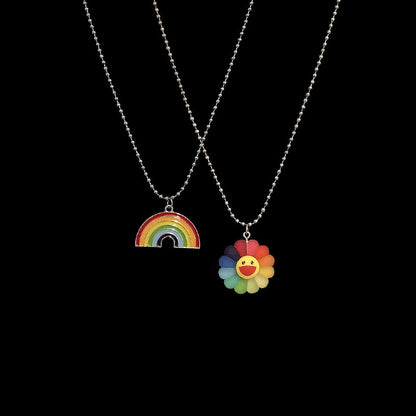 Cute Minimalist Hip Hop Sun Flower Sunflower Colorful Petals Rainbow Pendant Necklace Rock Personality Punk  Jewelry Unisex