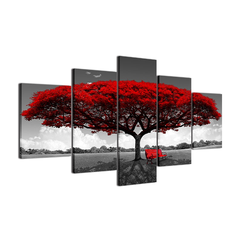 Modular Canvas HD Prints Posters Home Decor Wall Art Pictures 5 Pieces Red Tree Art Scenery Landscape Paintings Framework PENGDA